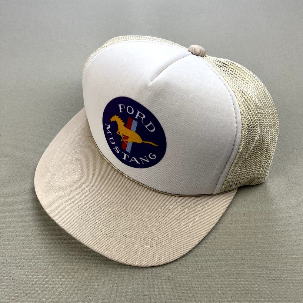Vintage Ford Mustang Hat Cap Snapback Trucker Cream Racing Car Motorsports 90s